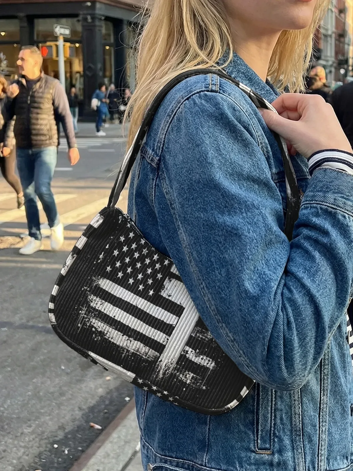 sac à bandoulière tendance imprimé drapeau américain vieilli, sac sous le bras en velours côtelé pour usage quotidien décontracté