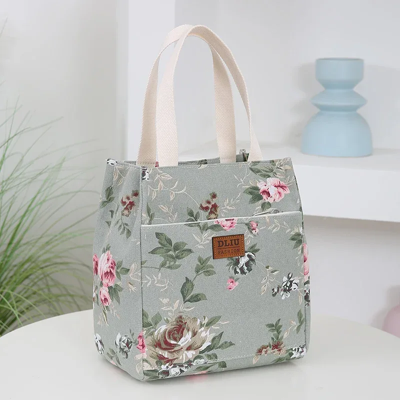nouveau sac à main en toile imprimé de fleurs, sac de travail portable multi-poches avec fermeture éclair semi-fermée, sac de rangement quotidien, sac à bento.