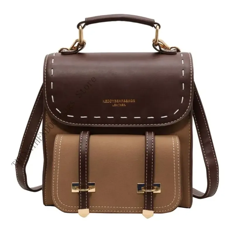 sac dos cuir pu marron beige vintage bandoulière arquée poignée souple fermure éclair compartiments organisés usage voyage fête travail