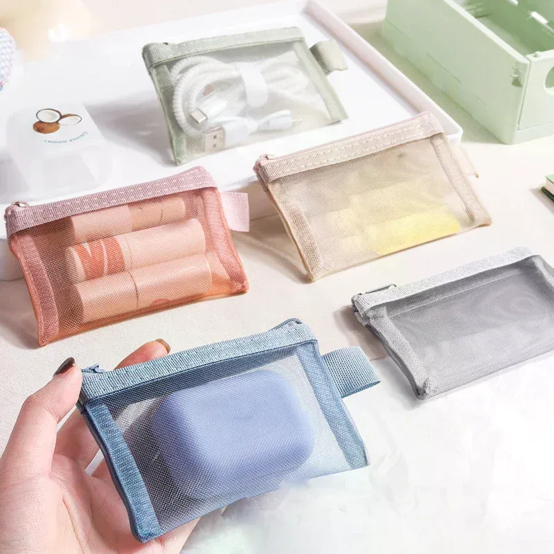pochette rangement transparence tissu nylon couleur contrastée simple motif voyage cosmétiques transport organisateur miniature