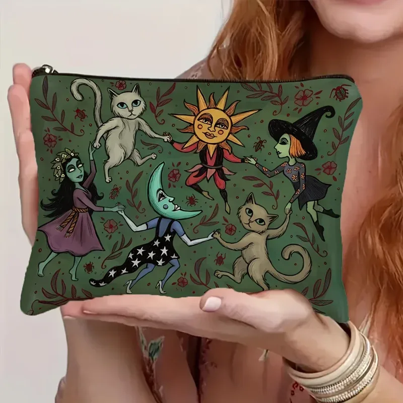 charmante trousse de maquillage forêt, motif fantaisie floral sorcière chat lune étoile, vert foncé, pochette zippée légère pliable faite à la main pour voyage