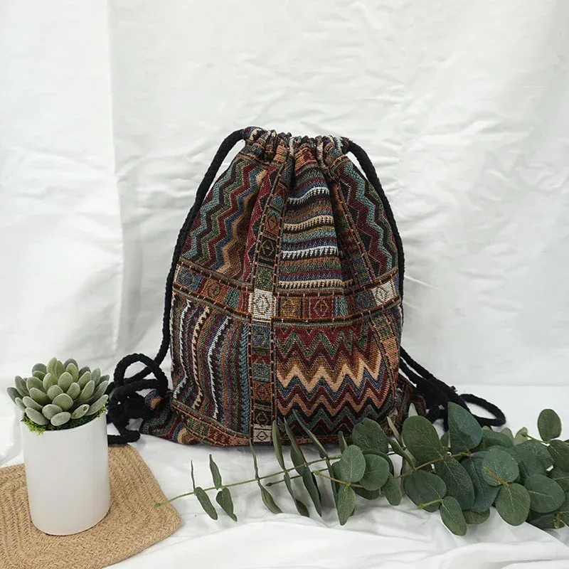 sac à dos en tissu pour femme 2026, style bohème chic, ethnique, tribal, ibiza, gypsy, aztec, doux, marron, avec cordon de serrage