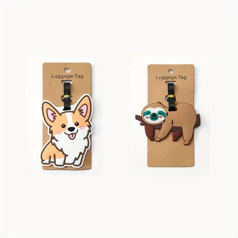 étiquette bagage plastique mignon chien corgi orange blanches roses carton brun anneau noir voyage identification