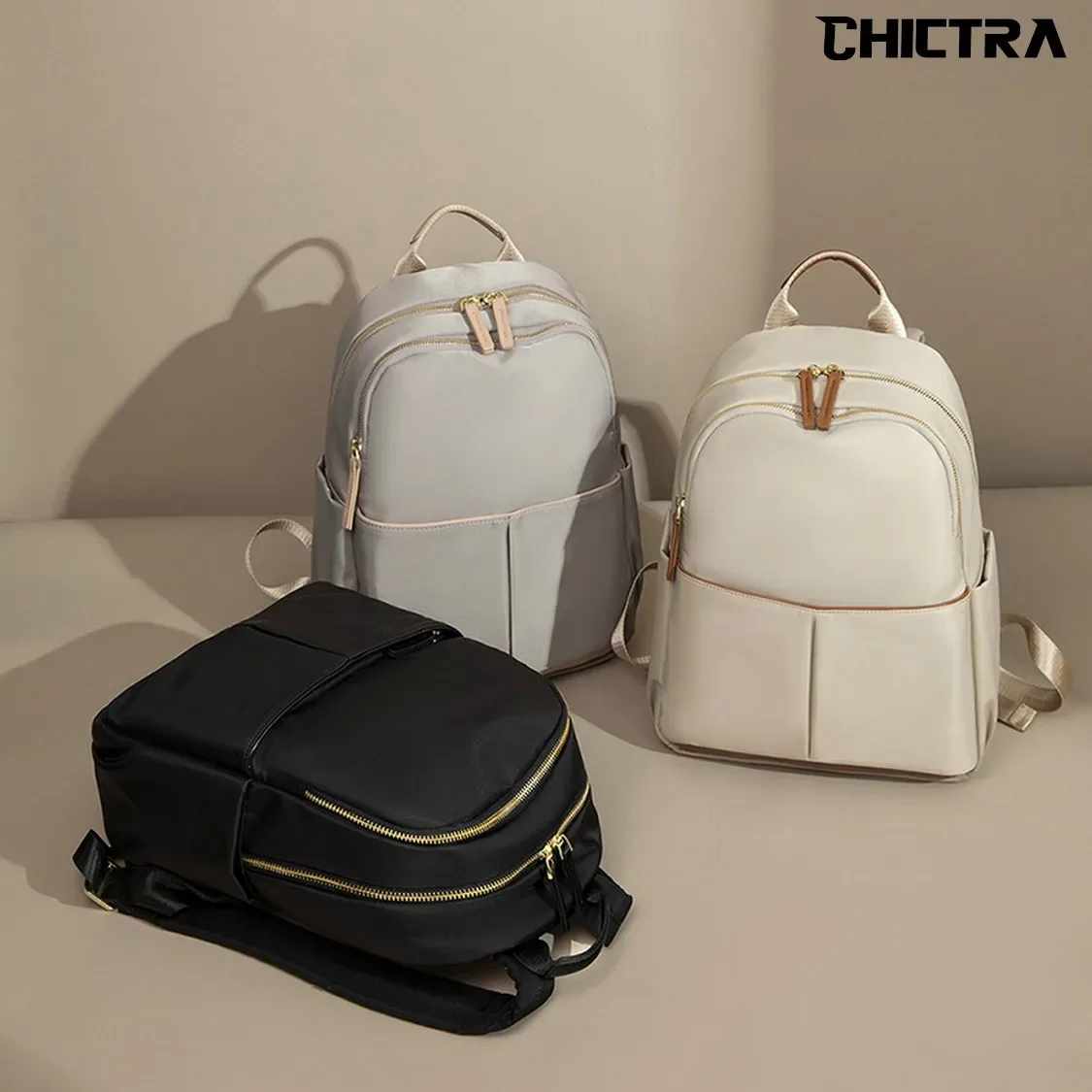 sac dos oxford universtitaire polyester beige bandoulière arquée fermeture éclair anti vol voyage femme journee ecole travail