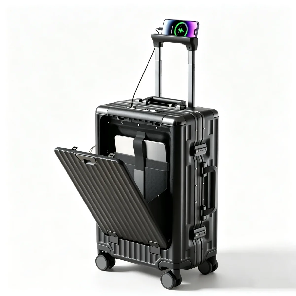 valise à ouverture frontale 20/24/26 pouces, coque rigide en pc, bagage à roulettes pour homme avec cadre en aluminium, serrure tsa, port de charge