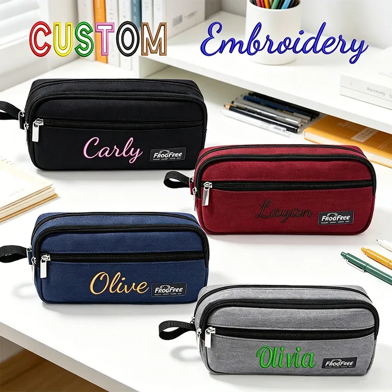 Trousse Polyester Solide Personnalisation Lettres Dorées Compartiments Maquillage Voyage Noir Bleu Rouge Gris Kaki