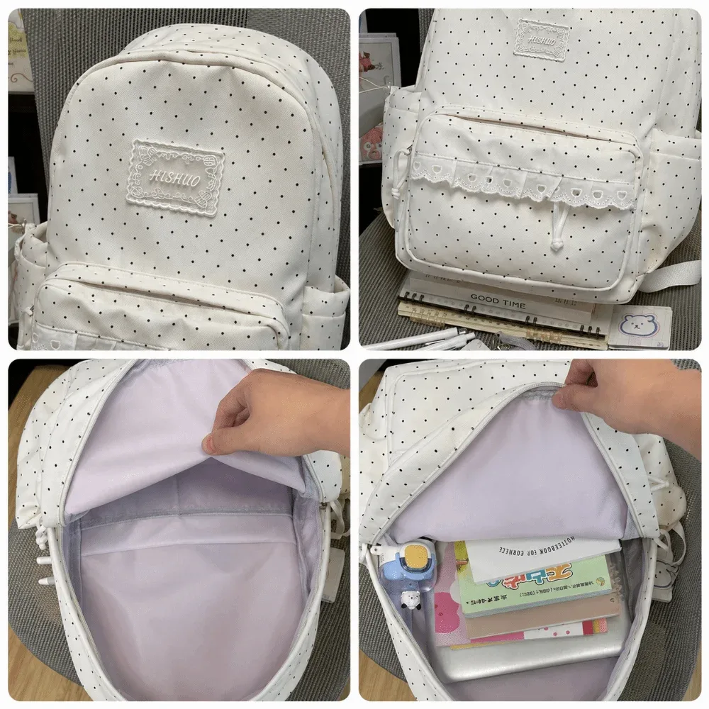 sac à dos de voyage mignon à pois, grande capacité, avec dentelle, cartable d'étudiant, sac à dos multi-poches en nylon pour ordinateur portable