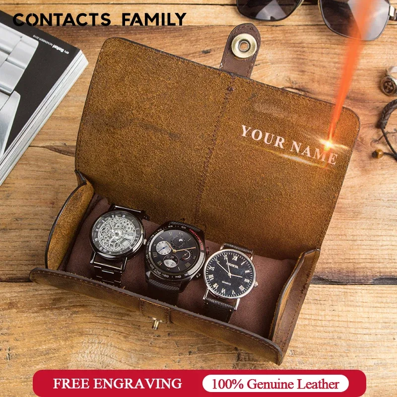 organisateur voyage montres cuir marron vieilli fermeture magnétique trois supports vintage retour traité montres stockage