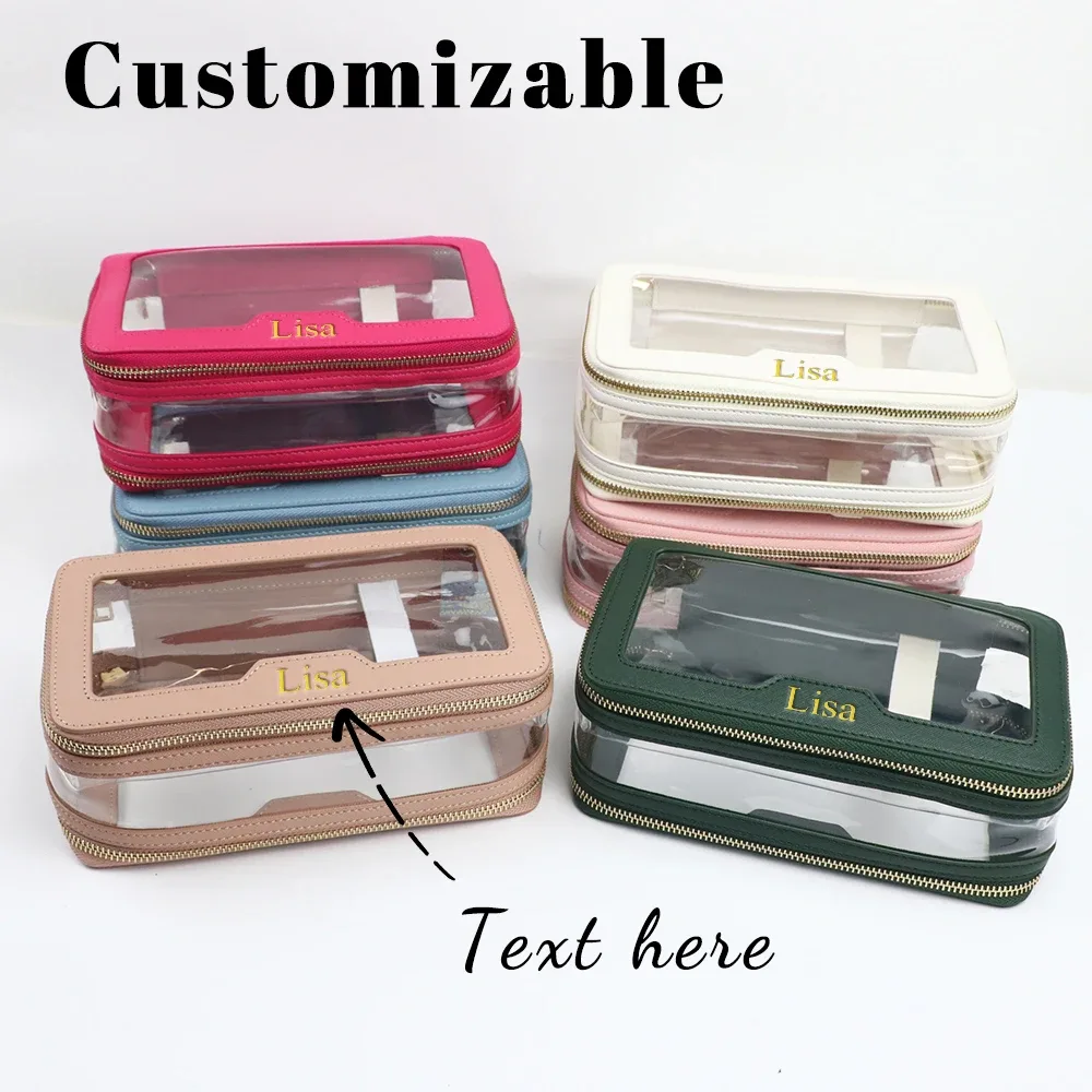 sac de toilette en cuir pu + tpu transparent avec nom personnalisé, trousse de maquillage portable de voyage, sac de rangement étanche de grande capacité