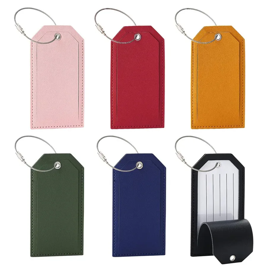 étiquette bagage simili cuir pu lisse rectangulaire anneau métallique couleurs vivantes voyage identification nom adresse