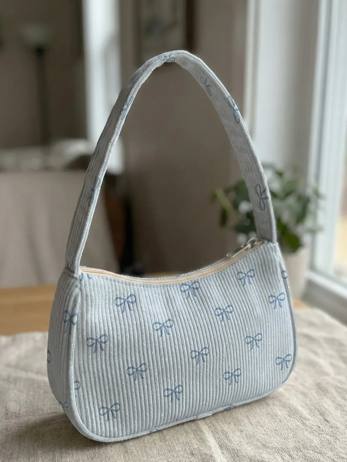 sac à bandoulière tendance bleu clair à imprimé nœud, sac sous le bras en velours côtelé pour un usage quotidien décontracté