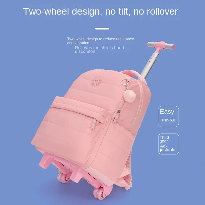 sac dos polyester rose compartiment principal roues intégrées poches latérales sacs école filles voyage