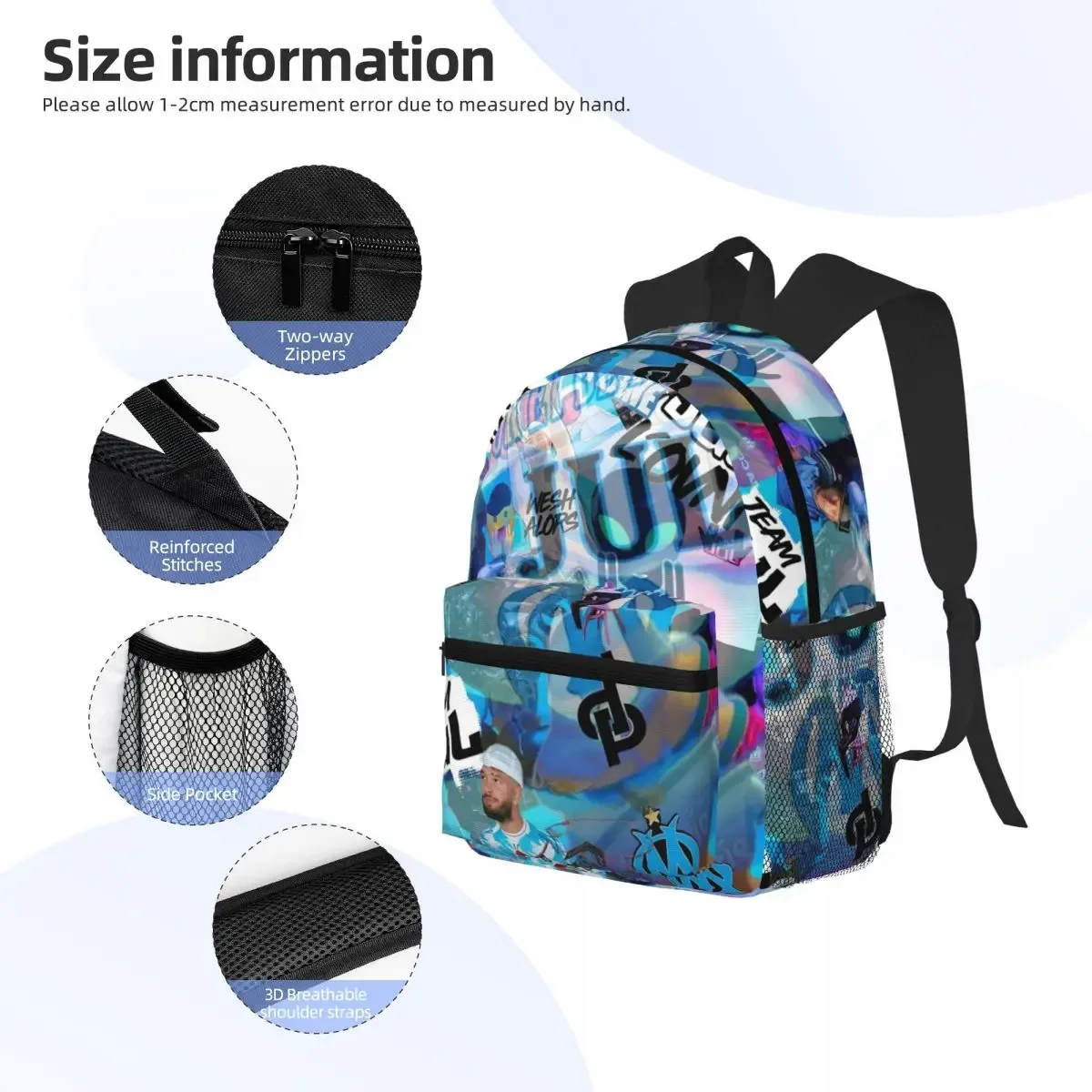 sac dos polyester motif coloré relief trousseaux beige noir bleu format rectangulaire poches lateral maille noire usage étudiant école voyage