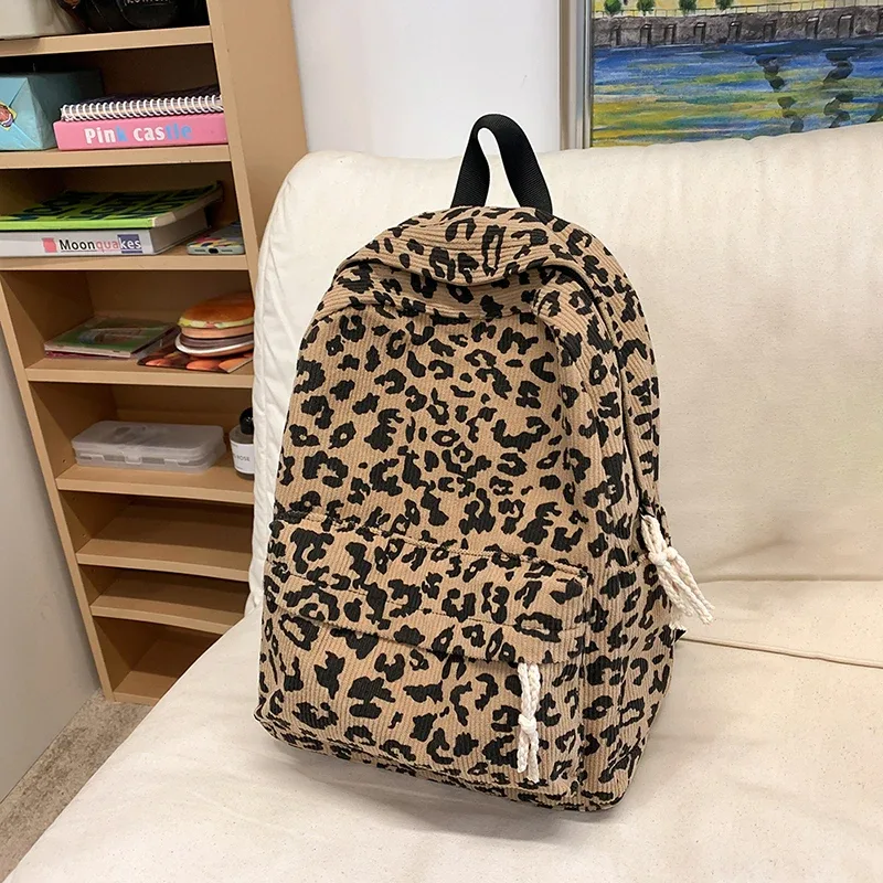 sac à dos léopard en velours côtelé, sac à dos tendance pour étudiants, grande capacité, sac à bandoulière élégant, multi-poches, sac de voyage en plein air