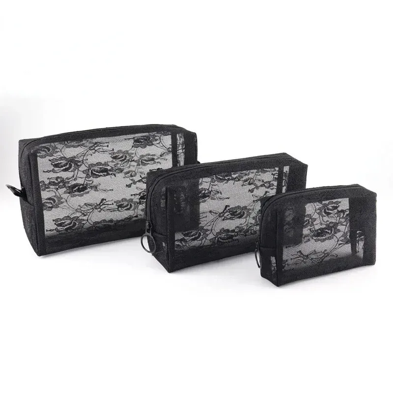 sacs à cosmétiques transparents en maille, 1 pièce, petit grand sac de maquillage noir, fleur en dentelle, étui de rangement de toilette de voyage, pochette de rangement de rouge à lèvres