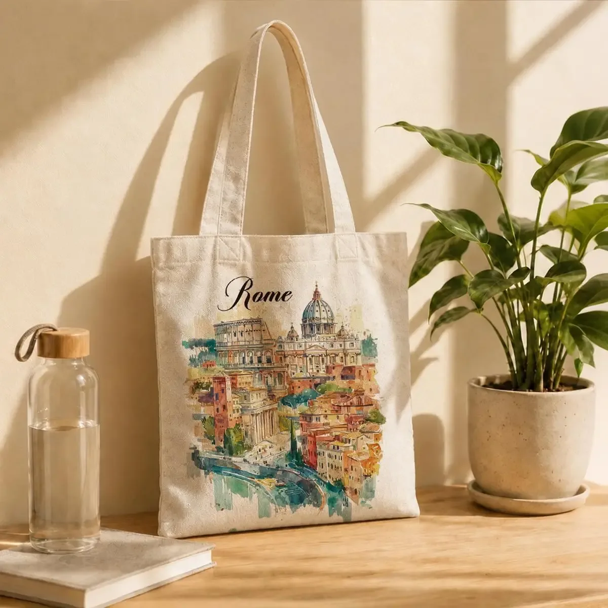 sac fourre-tout en toile aquarelle rome, imprimé paysage urbain italien, réutilisable, écologique, sac à bandoulière pour le shopping, cadeau de voyage