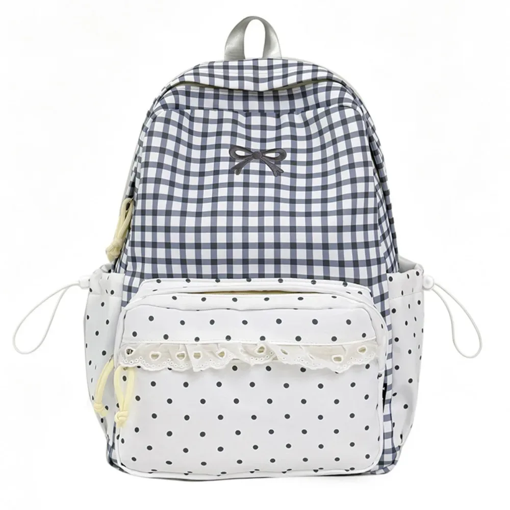 sac à dos tendance à pois, motif écossais, finition dentelle minimaliste, grande capacité, léger, pour étudiants, usage scolaire et voyage