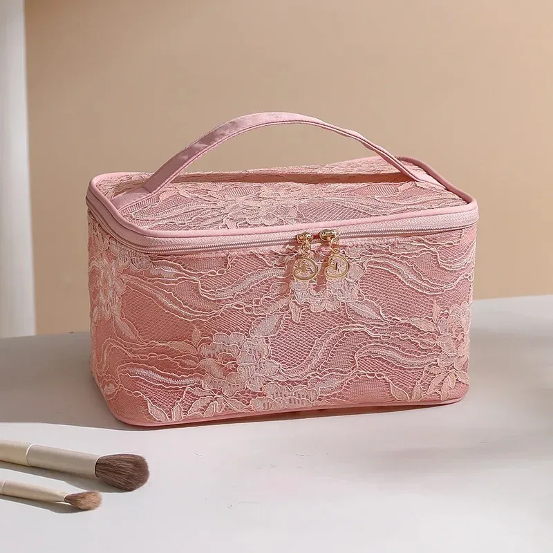sac de maquillage portable de luxe, sac de rangement de cosmétiques design en dentelle, pochette de toilette de voyage, sac à main en fiber de polyester avec fermeture à glissière
