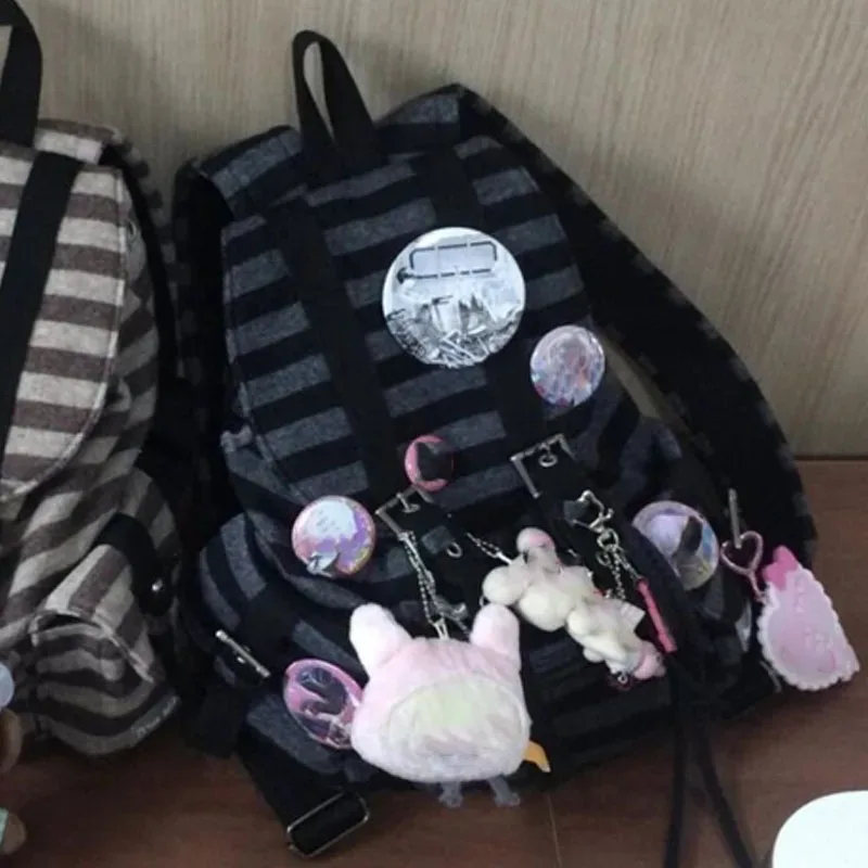 sac à dos rayé style coréen y2k décontracté avec cordon de serrage, grande capacité, polyvalent, pour étudiantes, filles et femmes, style kpop