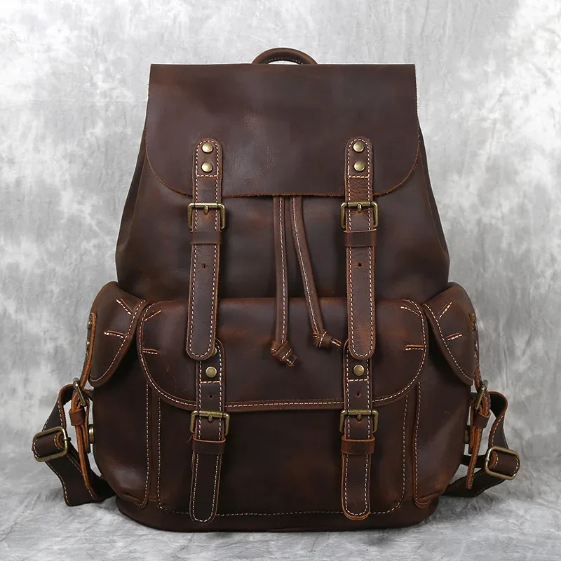 sac à dos rétro en cuir de cheval fou pour hommes, avec couche supérieure en cuir de vache, sac d'école de grande capacité, sac d'ordinateur portable, nzpj