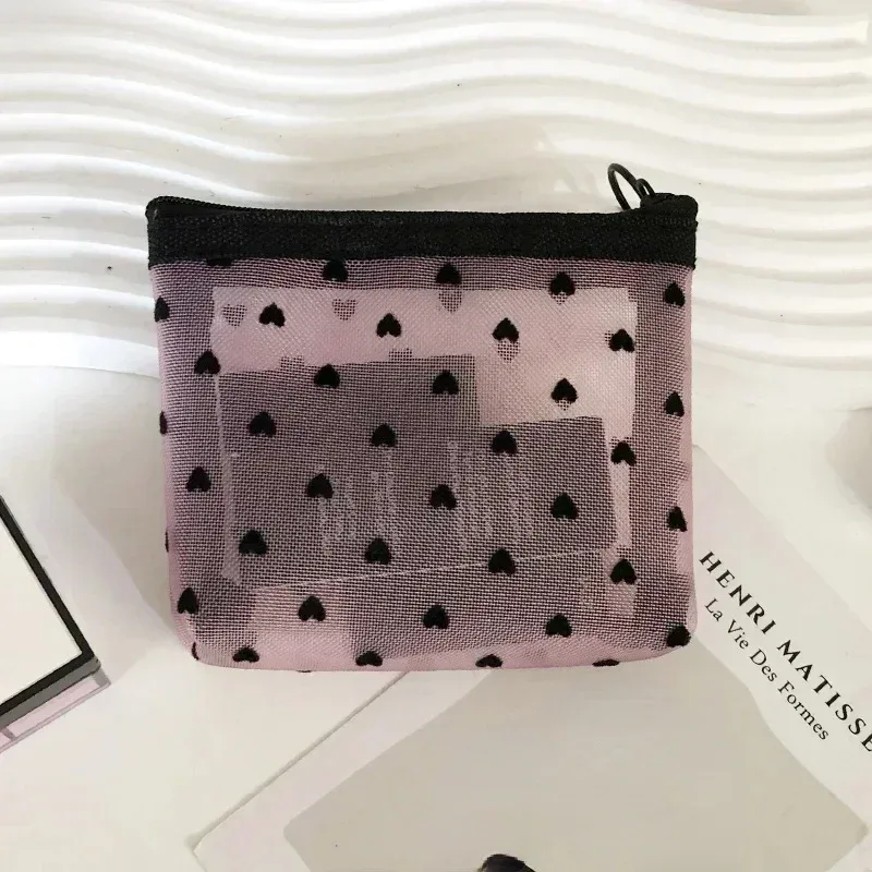 sac à cosmétiques en maille de nylon, organisateur de toilette en forme de cœur à fermeture éclair, sacs de maquillage multifonctionnels pour femmes, rouge à lèvres, clé, porte-monnaie
