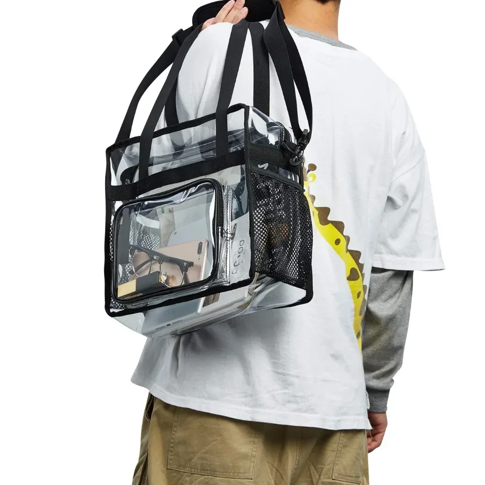 sac fourre-tout transparent en plastique robuste, bandoulière avec poches zippées, passe la sécurité des stades, livraison rapide, pour femmes, travail, concerts