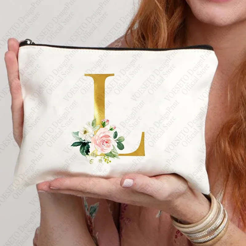 sac à fermeture éclair à motif initial pour femme, trousse de maquillage cosmétique, poudres de toile de bain de mariage, sacs de rouge à lèvres de voyage, cadeau de fête d'enterrement de vie de jeune fille