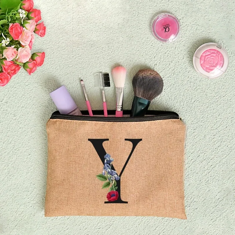 pochette en lin à fermeture éclair pour femmes, imprimé de lettres florales, étui de rangement de voyage, sac à cosmétiques, trousse de maquillage, sacs de maquillage de demoiselle d'honneur