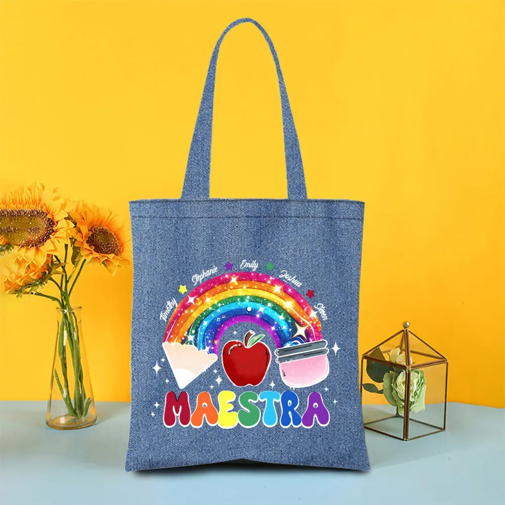 sac fourre-tout en denim peint pour enseignant arc-en-ciel, sacs de shopping pour femmes, sacs à main de voyage, fourre-tout pour la journée des enseignants, cadeaux de remerciement pour les enseignants