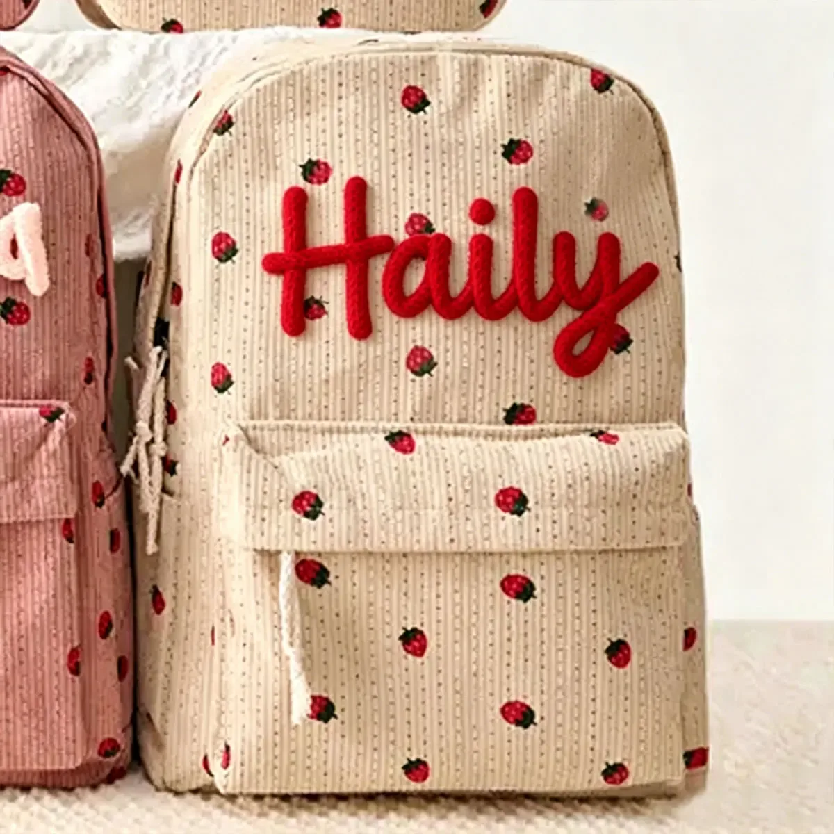 sac à dos personnalisé en velours côtelé, motif fraise/à carreaux, simple et spacieux, cadeau parfait pour la rentrée scolaire