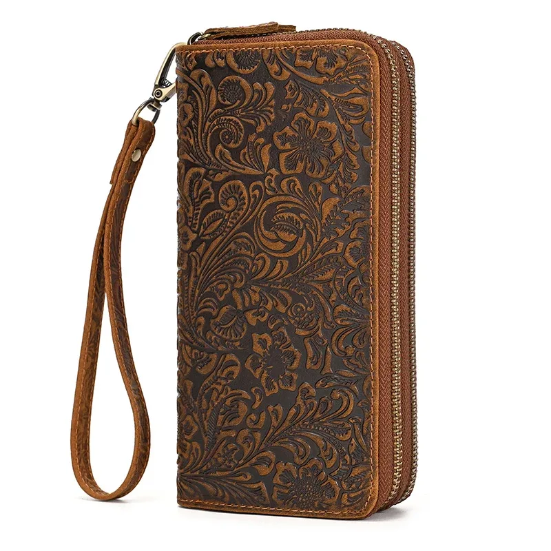 luufan-long sac à main en cuir de cheval vintage pour hommes et femmes, portefeuilles à double fermeture éclair pour carte de crédit, pochette pour homme