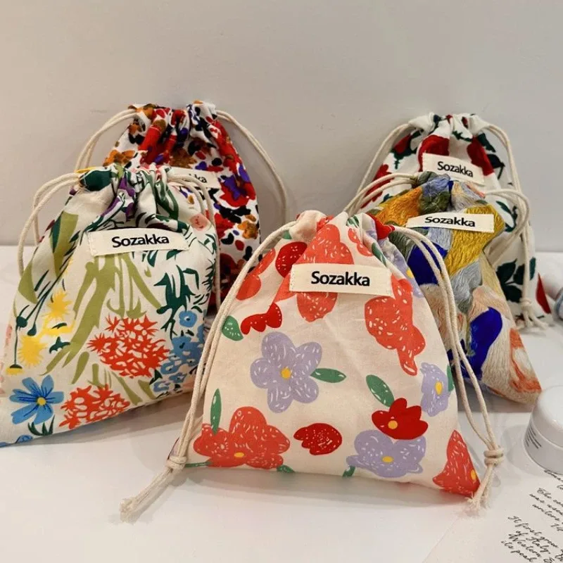 sacs à main en tissu de coton floral, petit sac à cordon de proximité, rouge à lèvres, trousse de toilette, trousse de maquillage, pochette à monnaie, sac de rangement pour écouteurs prédire