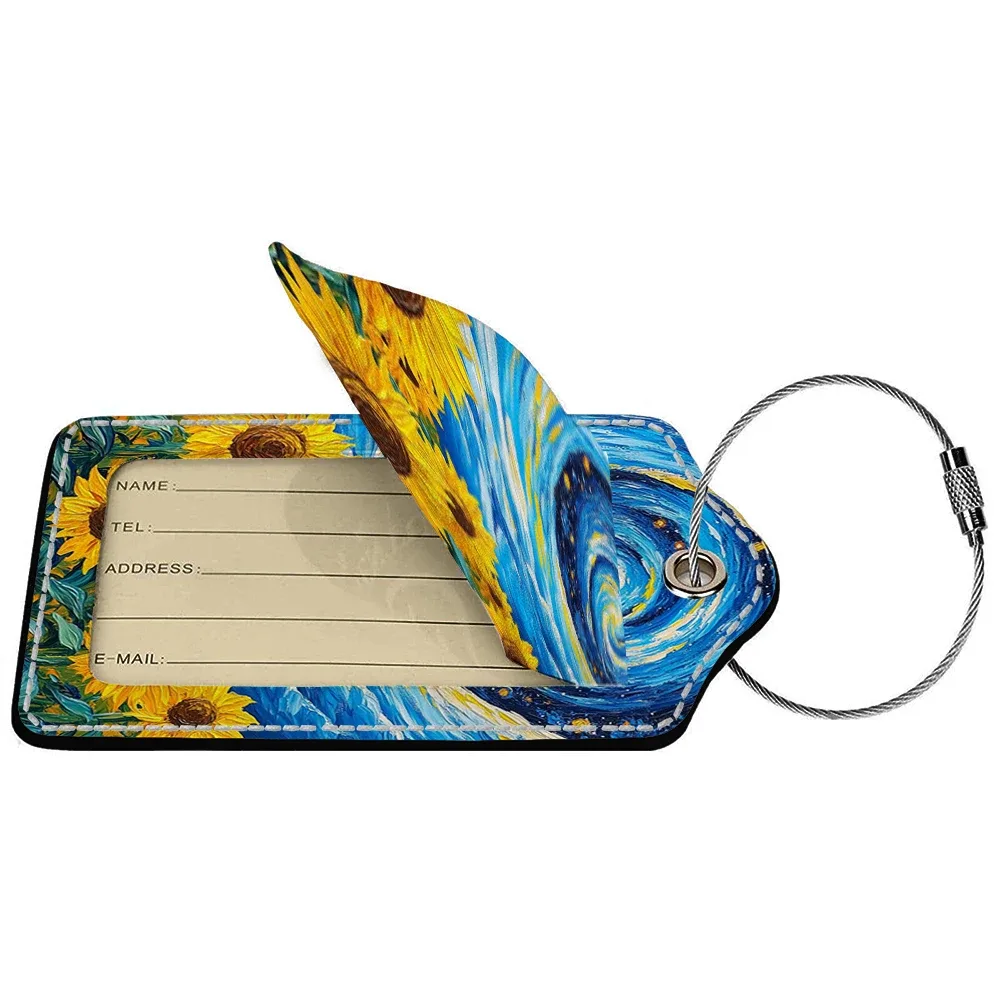 étiquette bagage polyuréthane motif tournesols bleu nuit jaune voyage identification personnelle plaques adresses double cartes bancaires