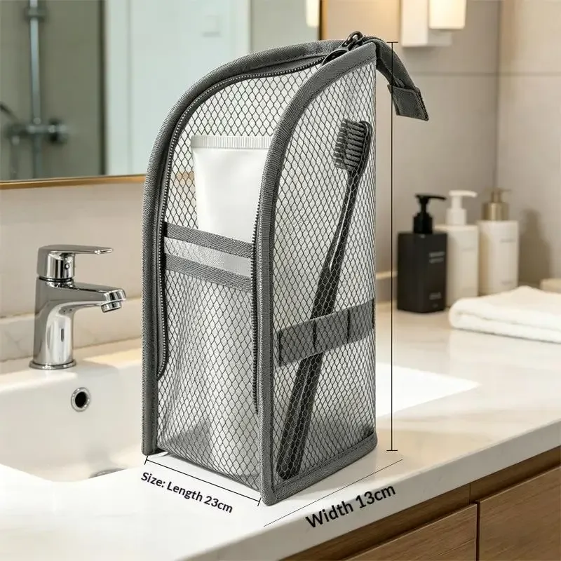 trousse de toilette de voyage en maille respirante avec poches de rangement verticales pour les vacances et les voyages d'affaires