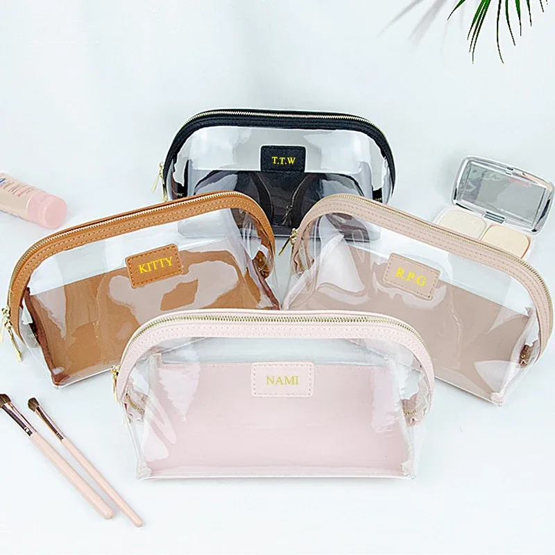 sac à cosmétiques étanche en pvc avec nom personnalisé de voyage, sac de maquillage de grande capacité en cuir saffiano avec initiales gravées, sac de rangement de luxe