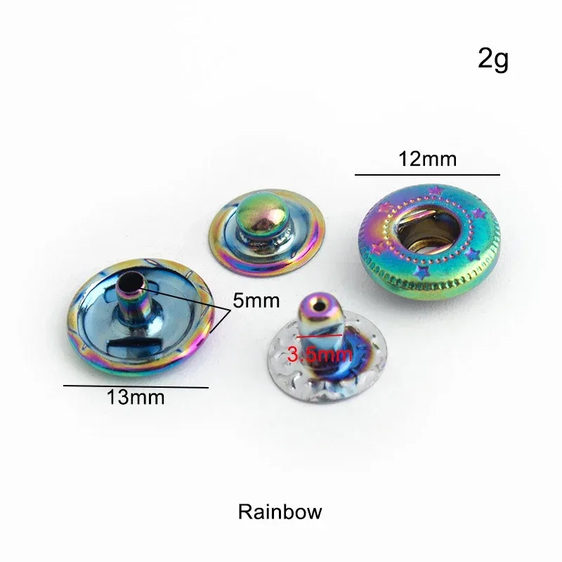 lèvent pression décoratifs en cuivre arc-en-ciel pour vêtements et sacs à dos, boutons à pression en métal, 10 couleurs, 12mm, 20-100 ensembles
