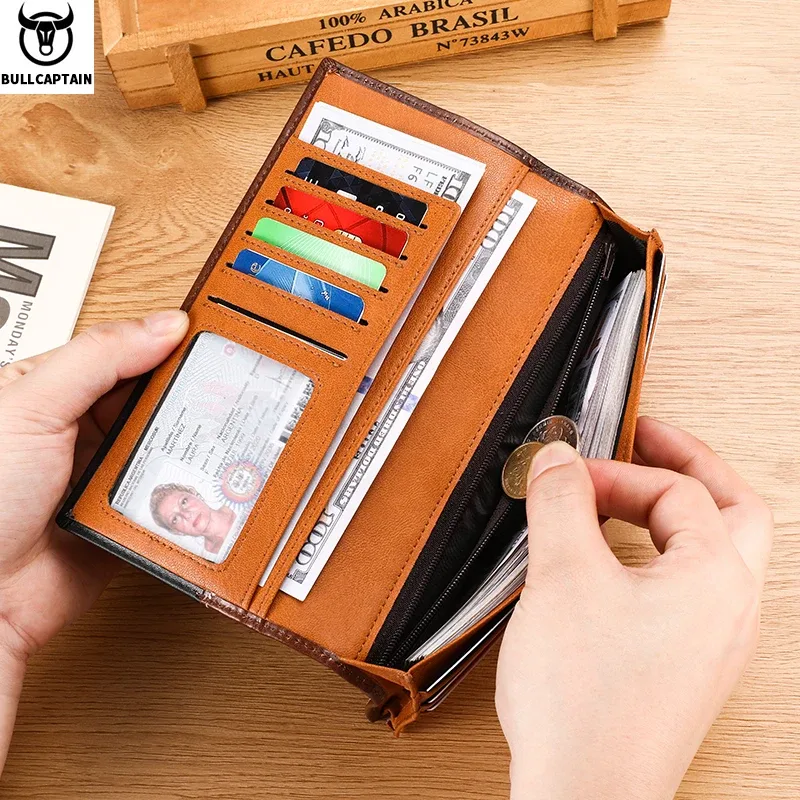 bullcaptain – sac à main long en cuir véritable pour hommes, fonction rfid, porte-carte de crédit, porte-monnaie en cuir, portefeuille multifonctionnel