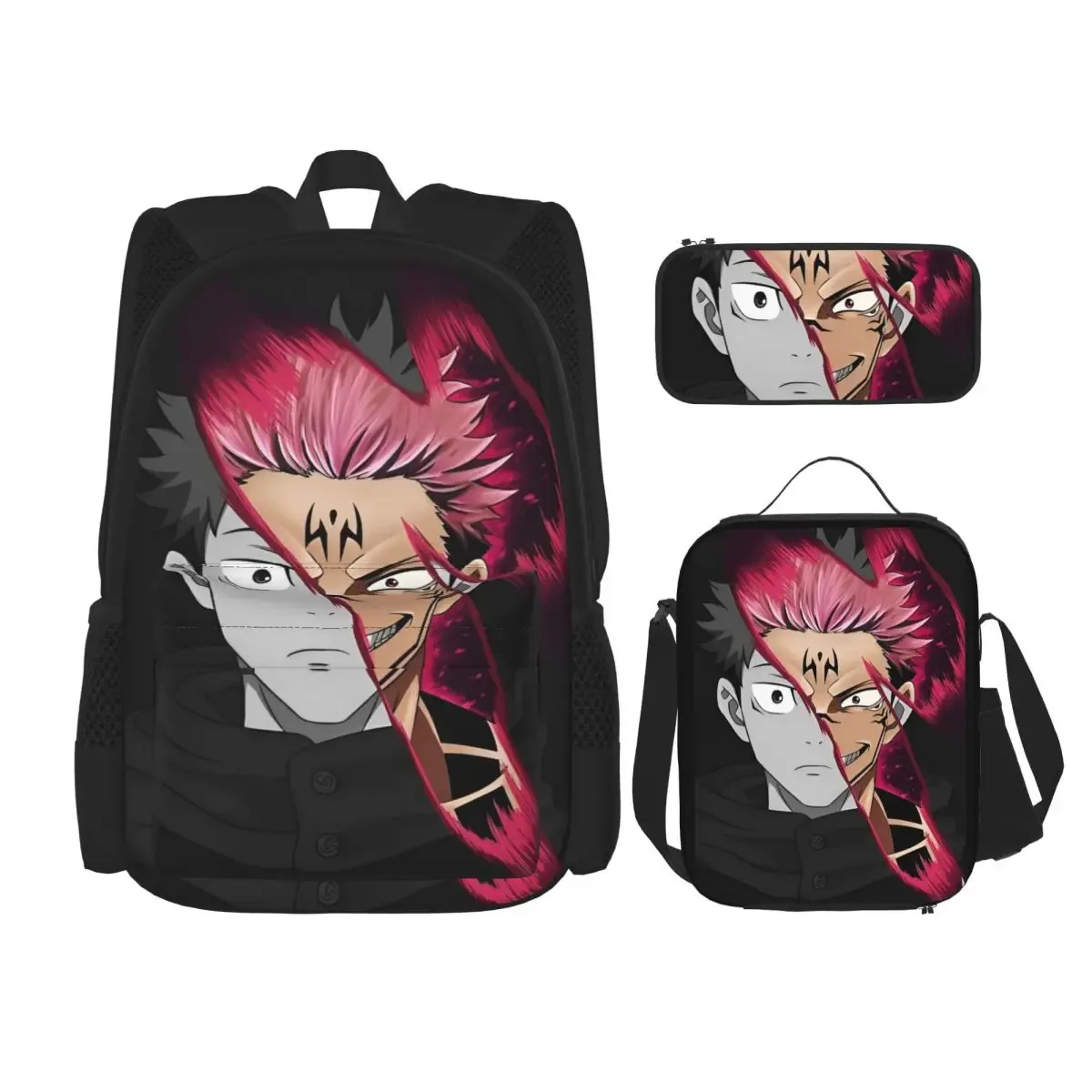 sac dos polyester noir motif animé format grand volume usage étudiant lycéen informatique bandes latérales pochette stylos sac main assorti