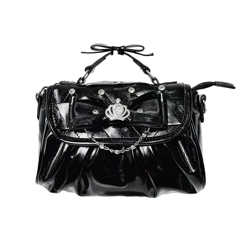 sac sous le bras élégant rose avec nœud et strass, sac à bandoulière plissé style sweet lolita, sac à main portable avec poignée nœud, jolie pochette ita
