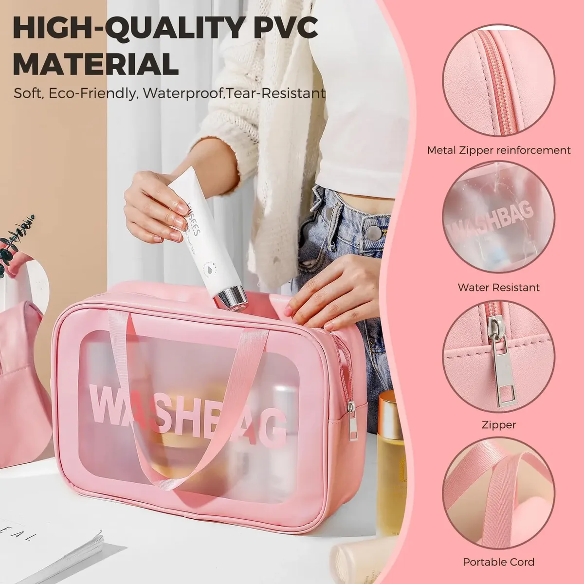 sac cosmétique 2 en 1, sac transparent pour soins de la peau, grande capacité, pvc semi-transparent givré, sac de rangement portable, pu 1/3 pièce