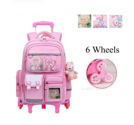 sac à dos d'école à roulettes pour filles et enfants, 17 pouces, 6 roues, sac à livres d'école primaire, sac à bagages à roulettes, sac à dos de chariot scolaire