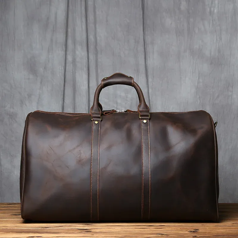 sac de voyage vintage en cuir véritable pour homme nzpj, grande capacité, sac à main en cuir crazy horse, sac à bandoulière en cuir de vache naturel