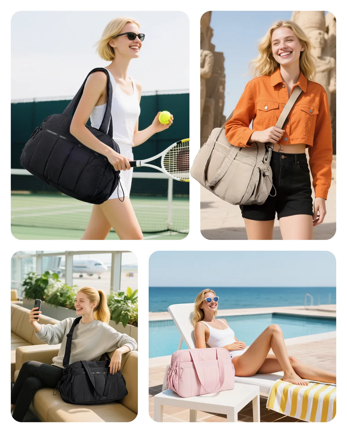 sac voyage polyester plissé beige rose pâle noir gris taupe bandoulière amovible poignée supérieure week end sport