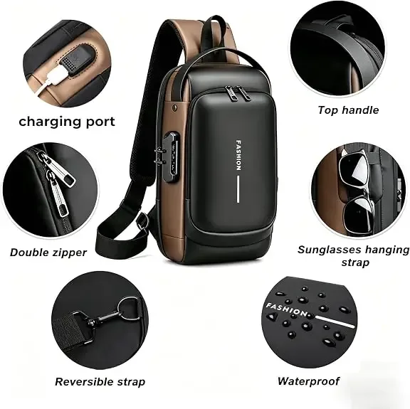 sac bandoulière pour hommes et femmes, sac à dos antivol avec port de charge usb, sac de poitrine imperméable avec serrure à code