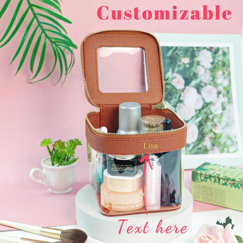 pochette de maquillage et trousse de toilette personnalisables avec nom, design transparent et visuel, grande capacité, portable pour les voyages