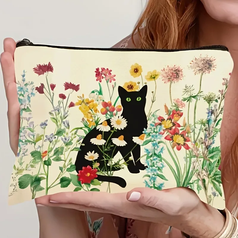 trousse de maquillage florale chat noir, grande capacité, cadeau d'halloween pour femmes, sacs à cosmétiques, pochette à fermeture éclair, trousse à crayons rétro, cadeaux de noël
