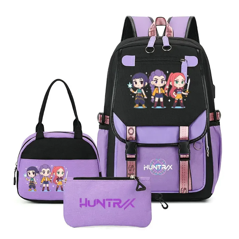 sac à dos kpop demon hunter pour adolescents, cartable de grande capacité, 3 pièces/ensemble avec sac à lunch pour femmes, étudiants, décontracté, confortable, pour voyage, mochilas