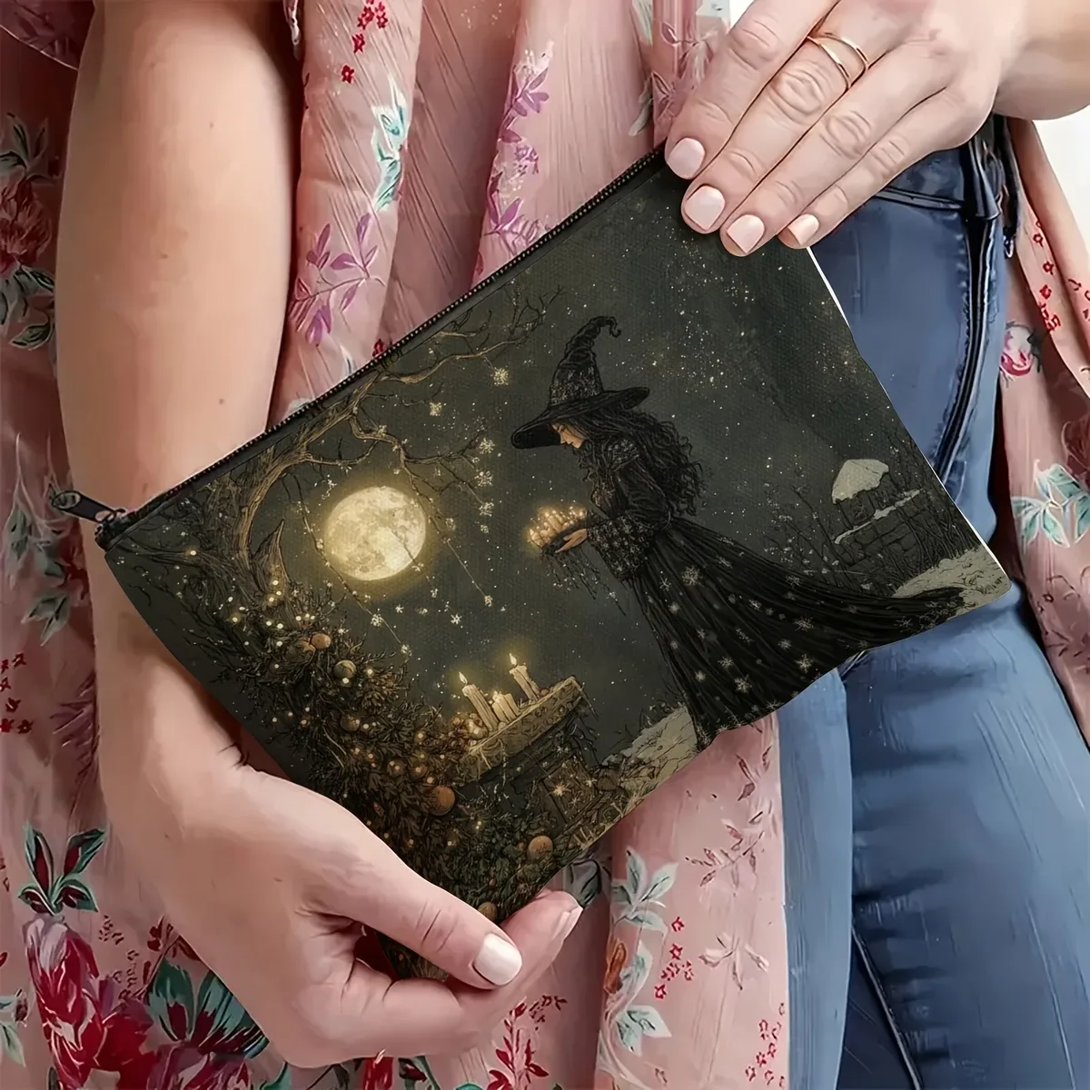 trousse de maquillage unisexe pour adultes, sac de rangement multifonctionnel durable sur le thème de la sorcière, couleurs mélangées, avec fermeture éclair pour sac de voyage pour étudiant et sœur