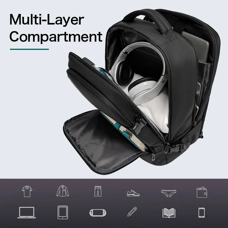 sac dos tpu polyester noir grande capacité rechargeable usb poignée souple bandoulière arquée fermeture éclair usage voyage décontracté