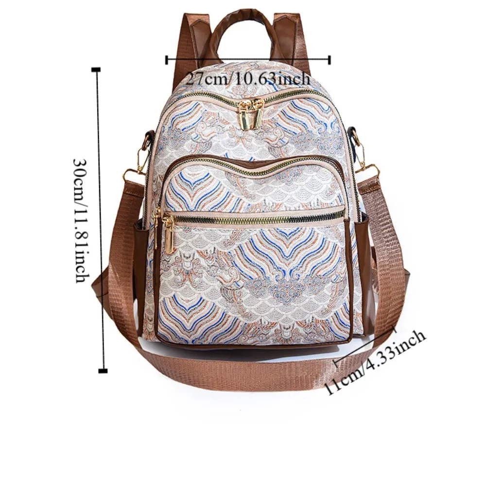 sac à dos décontracté pour femmes de grande capacité, en pu, style ethnique, sac à bandoulière polyvalent, avec poignée supérieure, broderie imprimée, mini sac à dos de voyage.
